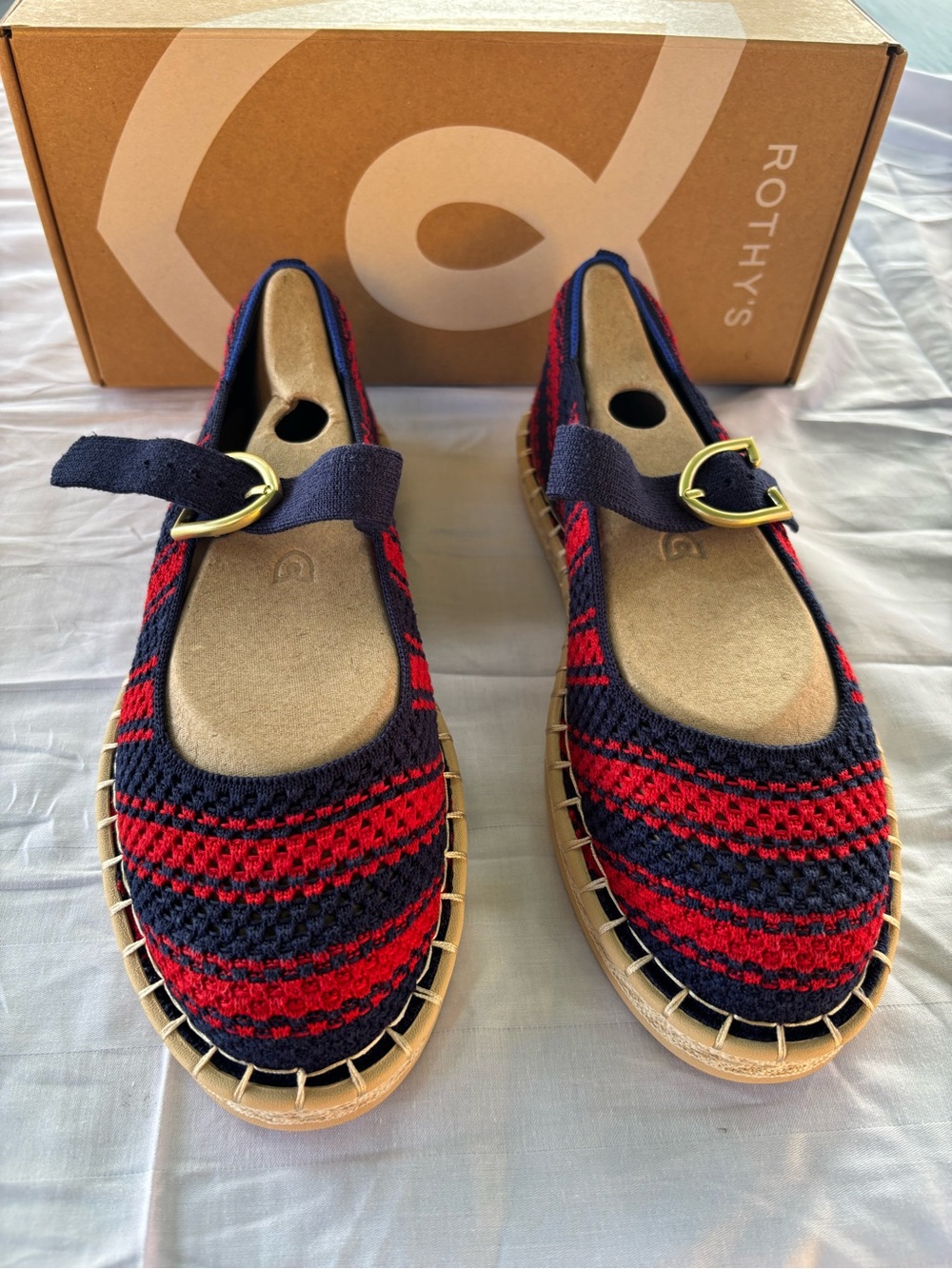 Rothy's Red & Navy Knit Mary Jane Espadrilles with Buckle